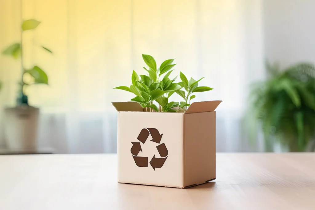 Eine Pflanze die aus einem Karton wächst, auf dem Karton ist ein Recyclinglogo zu sehen